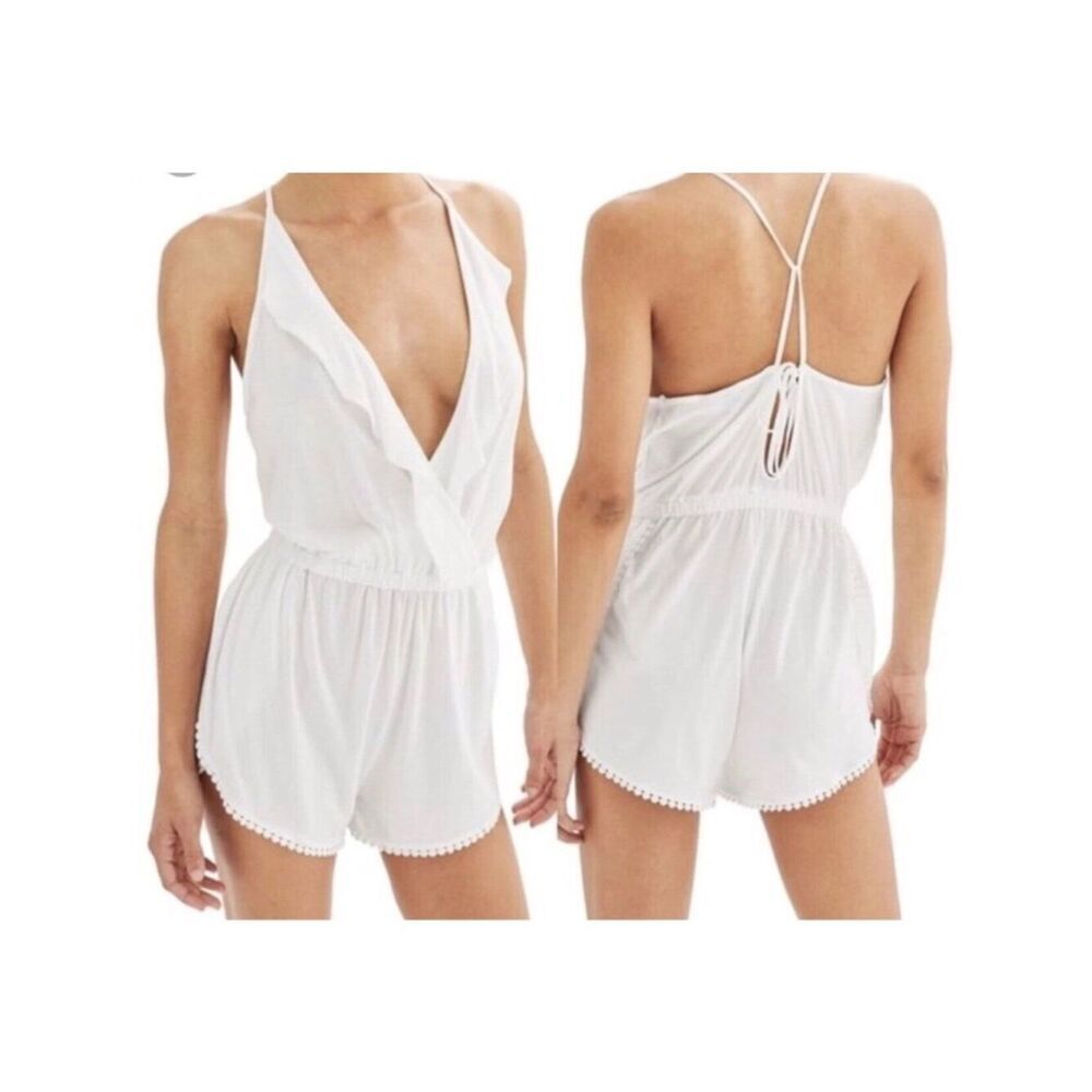 Topshop Jersey Wrap Cover-Up Romper Women’s M White Swim Coverup Pom Trim